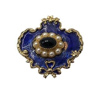 Vintage Blue Enamel Brooch Faux Pearl Black Cabochon Gold Tone
